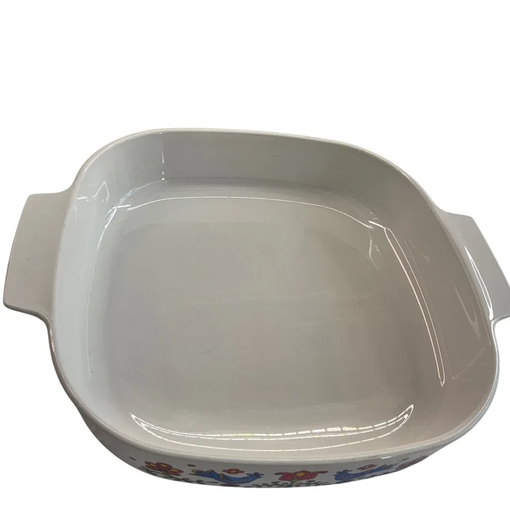 Vintage Ceramic Baking Dish with Folk Art Birds‎ and Flowers